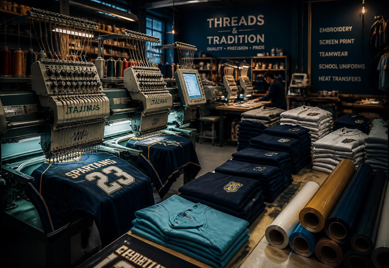 Industrial embroidery machines stitching team jerseys beside stacks of school uniforms